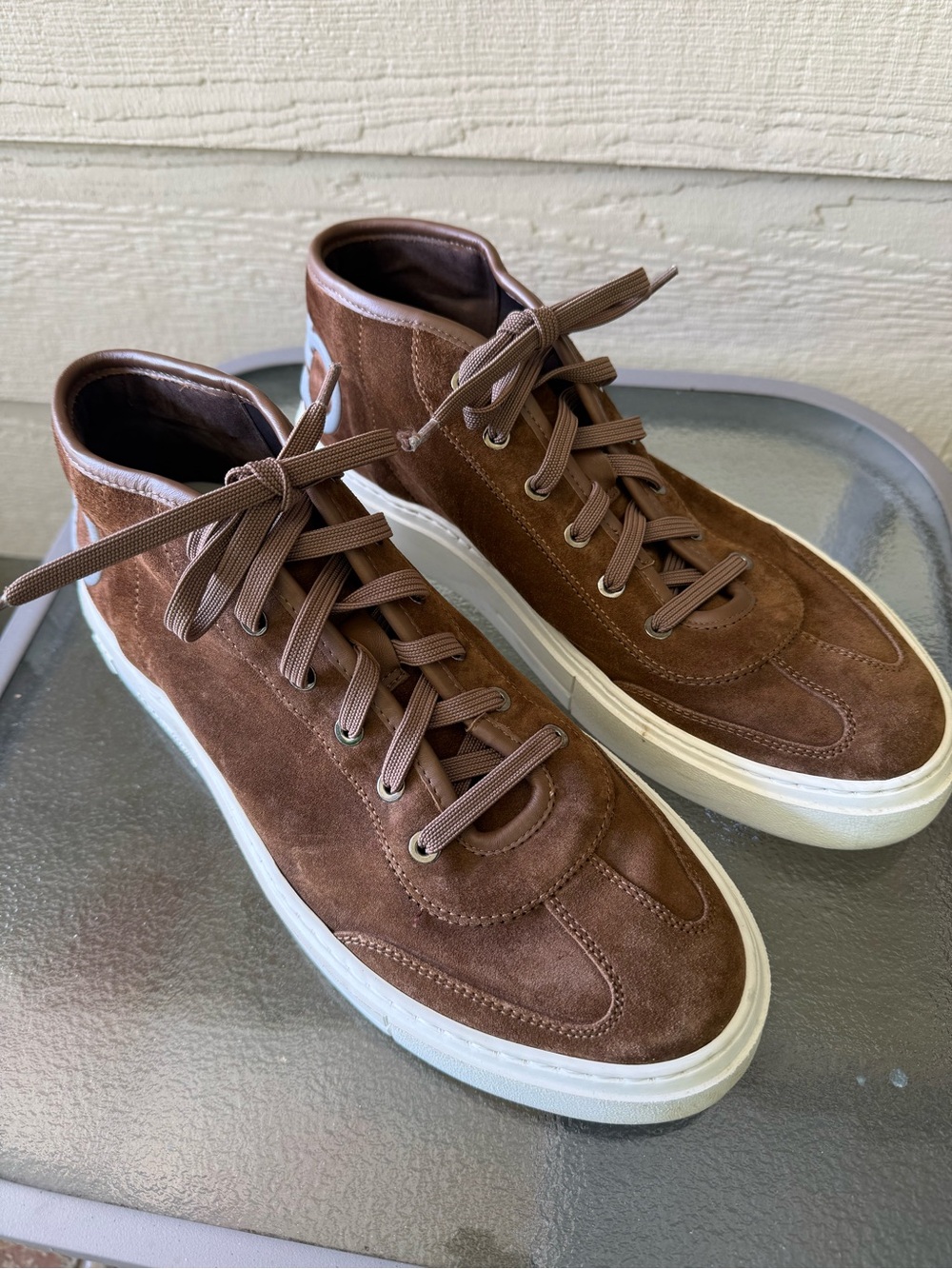Salvatore Ferragamo Brown Suede High-Top Sneakers with White Sole